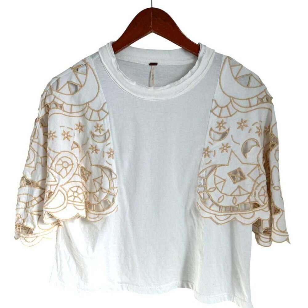 Free People Angel Embroidered Flutter Sleeve Cotton T-Shirt White - XS - Picture 4 of 12